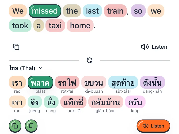 English and Thai words as coloured chips. “missed” and พลาด share the same green, and romanization sits under each Thai word.